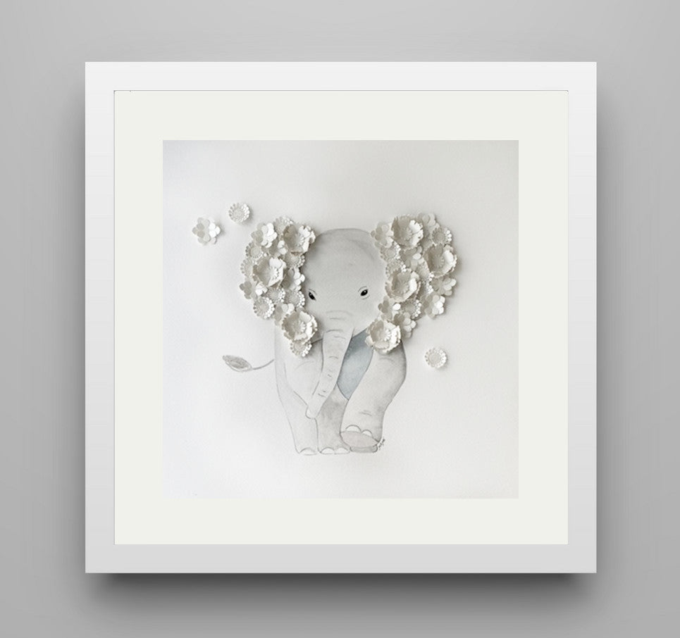 Elefante en acuarela con flor blanca